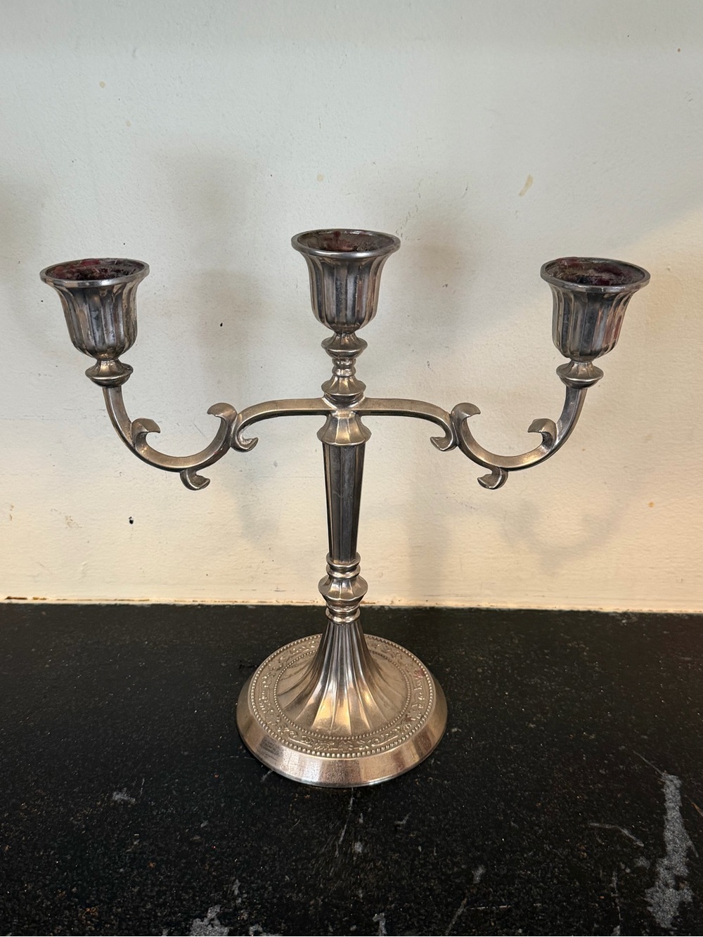 Vintage Metal Candlebra Triple Candle Stick Victorian Style Silver Plated